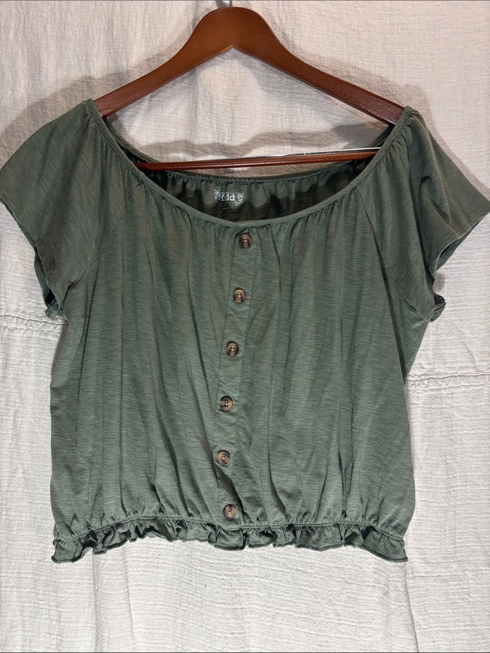 Mudd Sage Green Off-Shoulder Button Front Crop Top